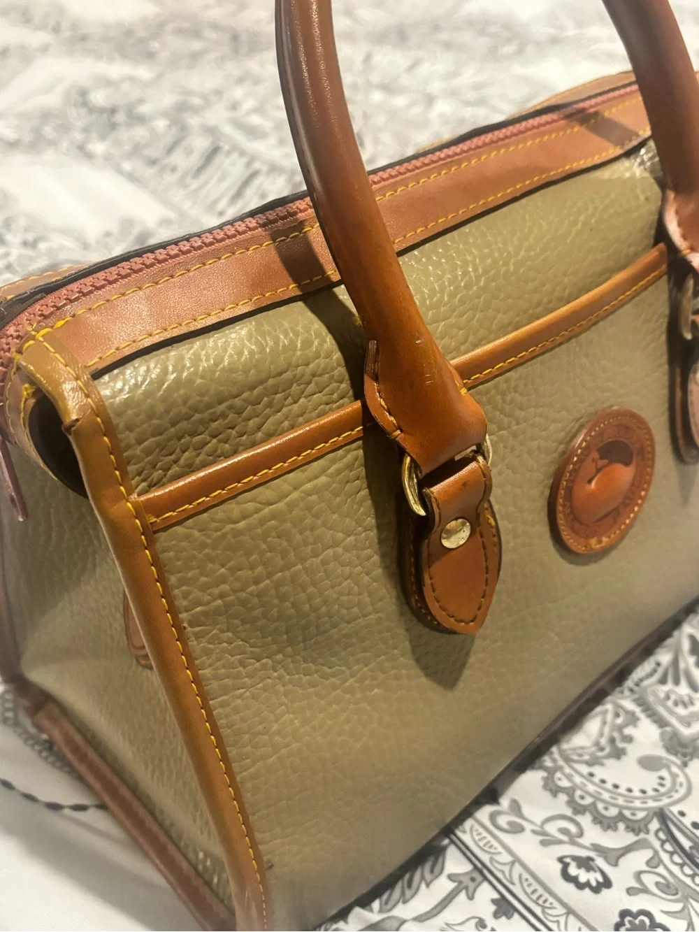 Dooney & Bourke Olive Green Pebbled Leather Satchel with Tan Trim